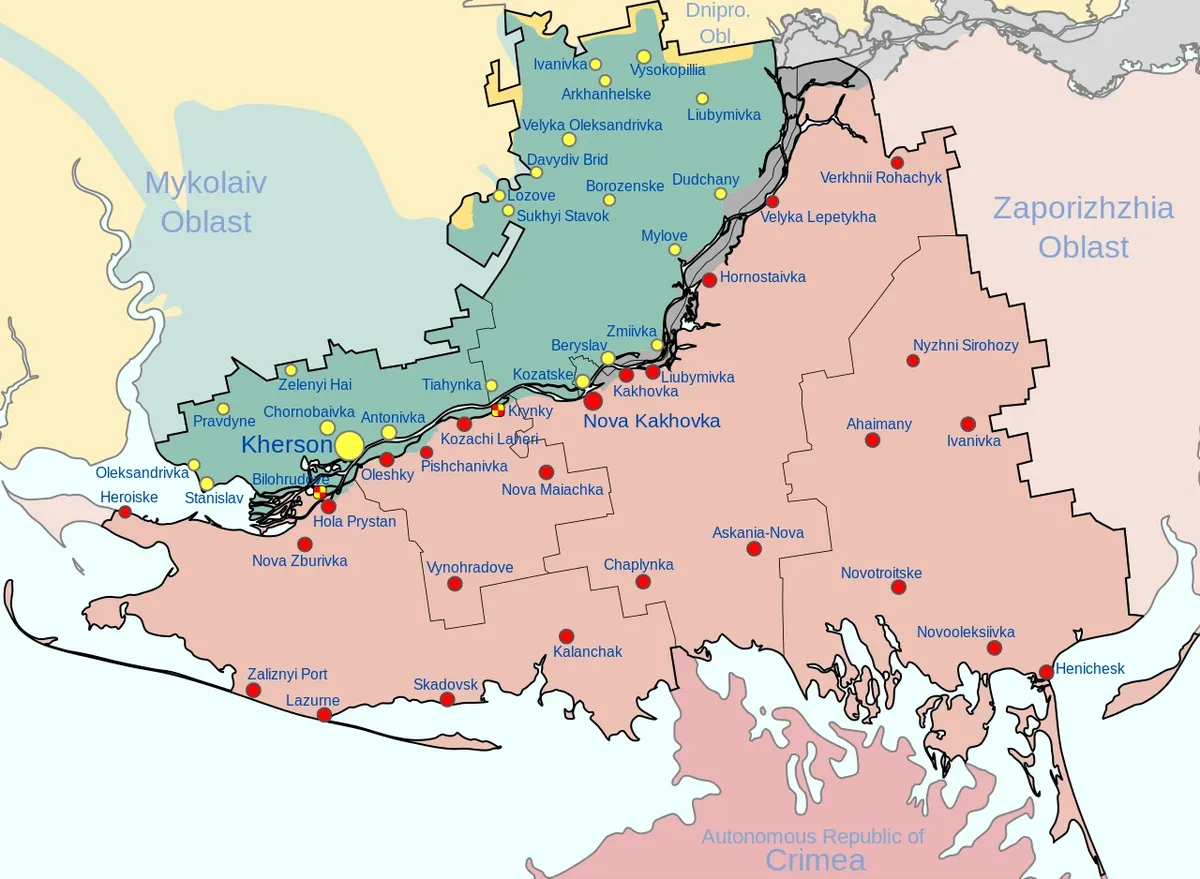 A map of Ukraine's Kherson region, showing Russian-occupied territory on the left bank of the Dnipro River in red and the Ukrainian-controlled right bank in green. Source: Wikipedia