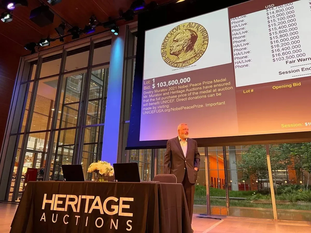 Dmitry Muratov in New York at the auction where he sold his Nobel Prize medal