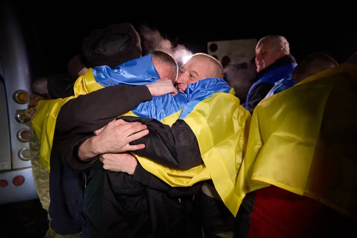 Ukrainian POWs released in the January swap that Kulko was freed in. Photo: Volodymyr Zelensky’s <a href="https://t.me/V_Zelenskiy_official/9074">Telegram channel</a>