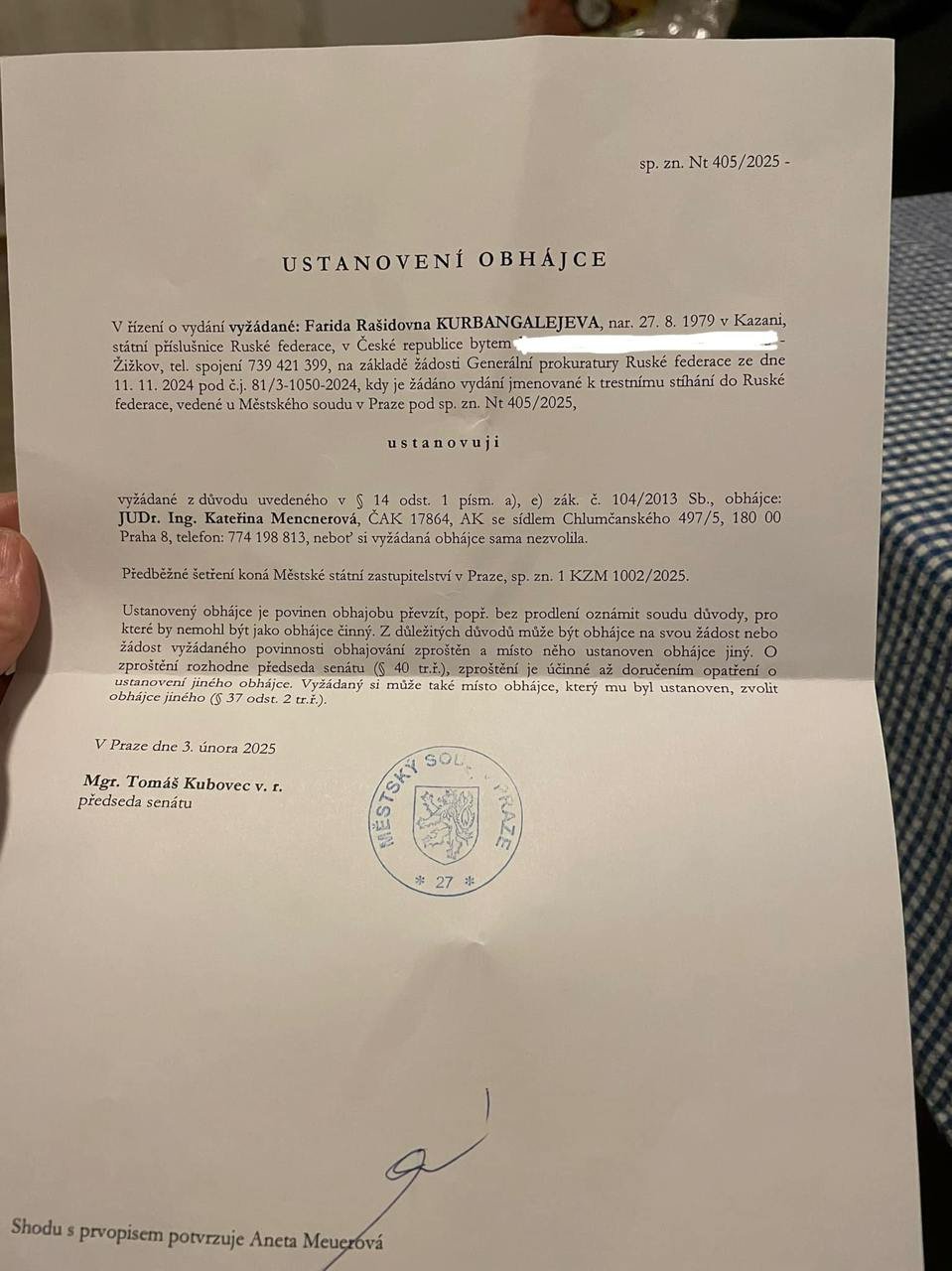 Письмо полиции Чехии о назначении Фариде Курбангалеевой адвоката по делу об экстрадиции. Фото: Фарида Курбангалеева / Facebook