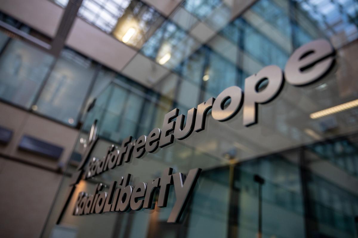 The Radio Free Europe/Radio Liberty sign at its headquarters in Prague, Czechia, 27 March 2025. Photo: EPA-EFE/MARTIN DIVISEK