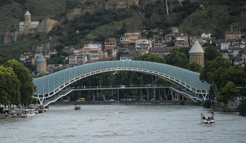 The Bridge of Peace with Tbilisi’s old town behind it, 3 June 2024. Photo: EPA-EFE/DAVID MDZINARISHVILI