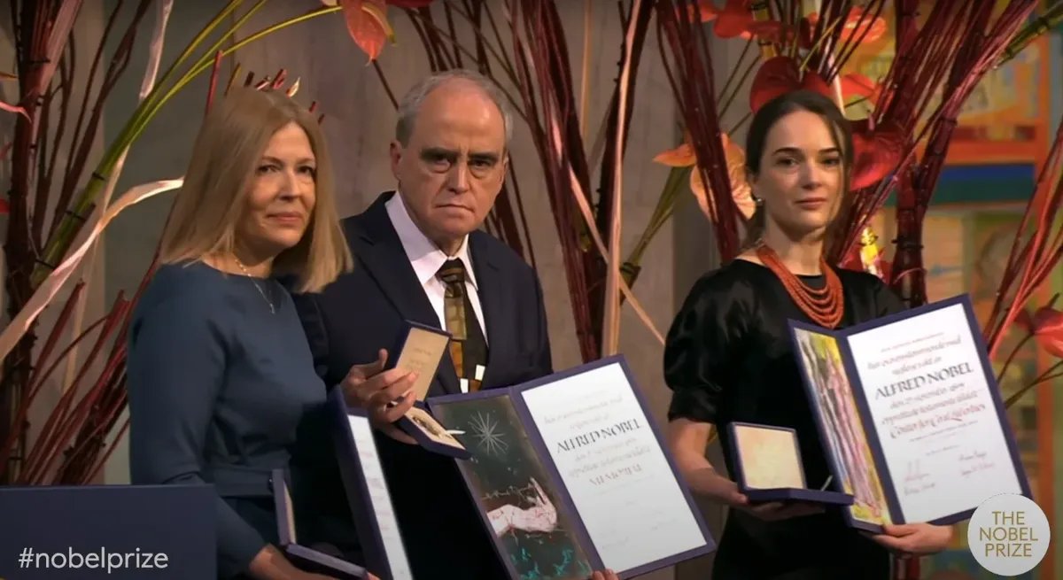 Natalya Pinchuk of Belarus, Yan Rachinsky of Russia, and Oleksandra Matviichuk of Ukraine (left to right). Photo screenshoted from the official broadcast