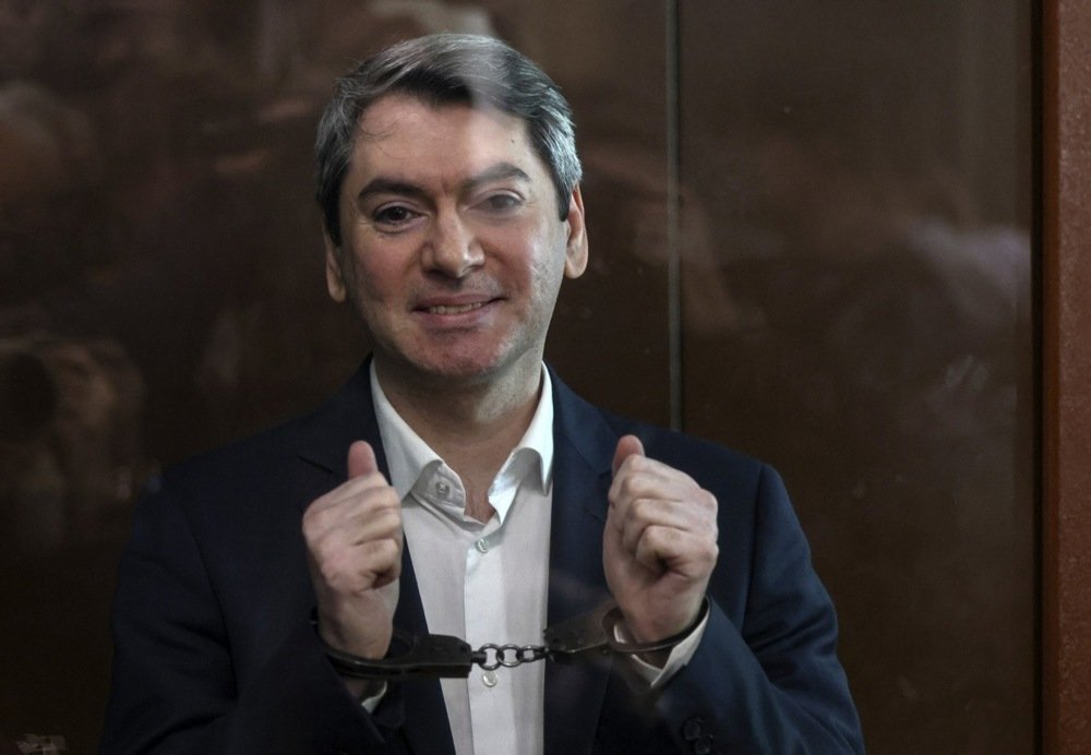 Golos co-chair Grigory Melkonyants awaits his verdict in a Moscow court on 14 May 2025. Photo: EPA-EFE/SERGEI ILNITSKY