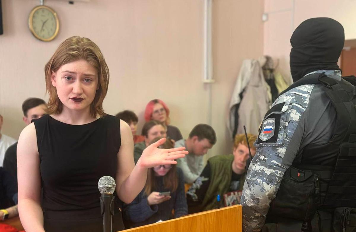 Darya Kozyreva speaks in court during her sentencing on 18 April 2025. Photo: SOTAvision