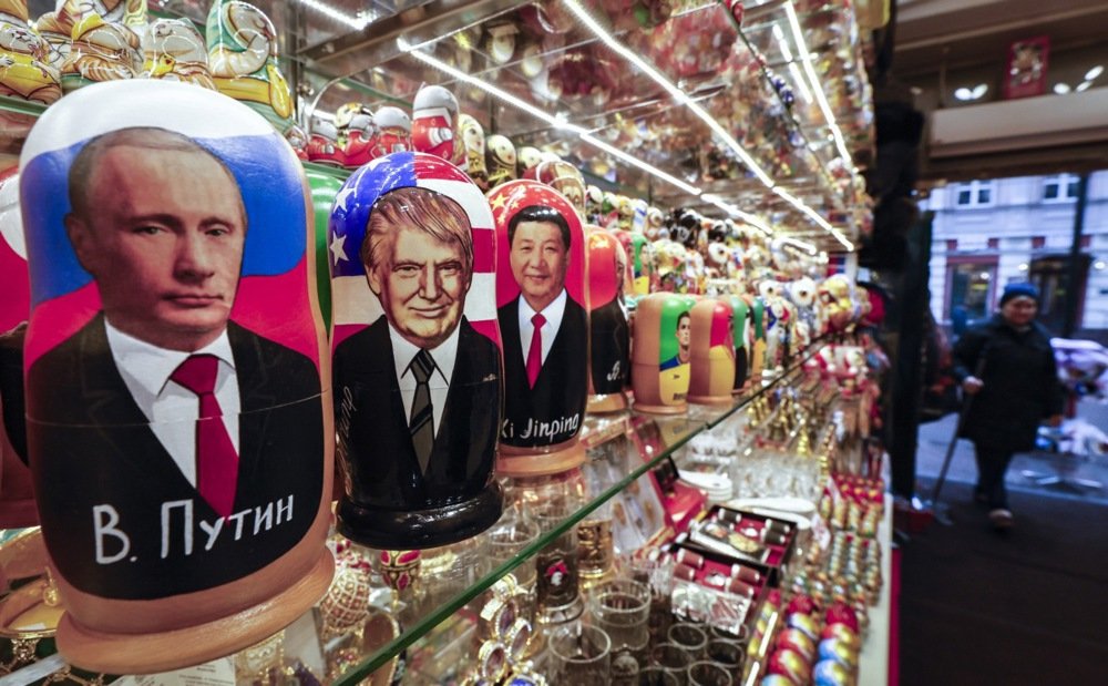 Matryoshka dolls depicting Vladimir Putin, Donald Trump and Xi Jinping on display at a gift shop in Moscow, 6 November 2024. Photo: EPA-EFE / YURI KOCHETKOV