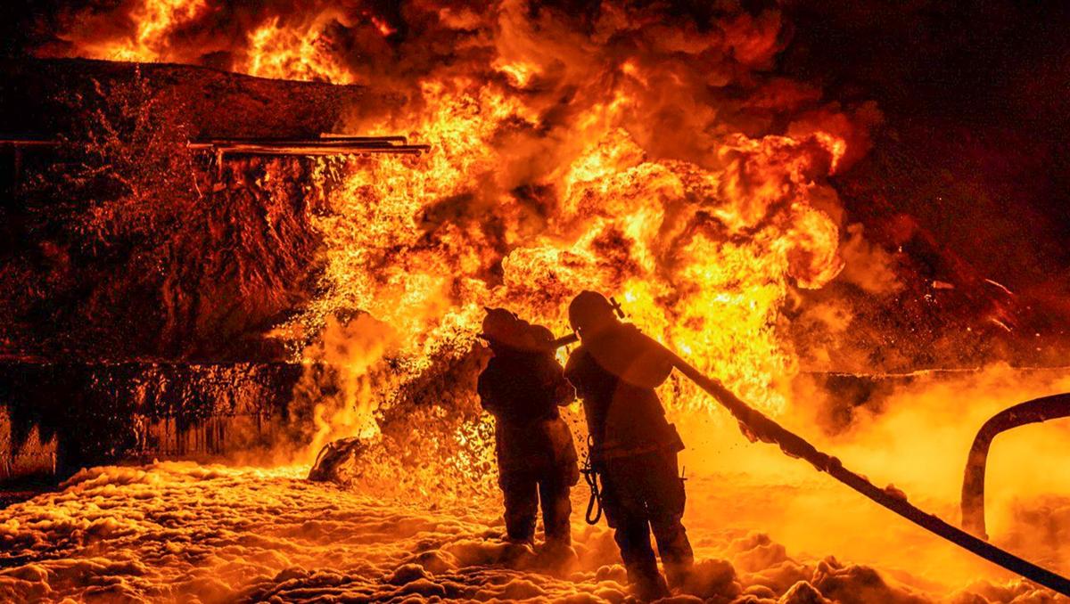 Ukrainian rescuers fight a fire following a Russian drone strike on the Kharkiv region city of Chuhuiv, Ukraine, 5 July 2025. Photo: State Emergency Service of Ukraine.